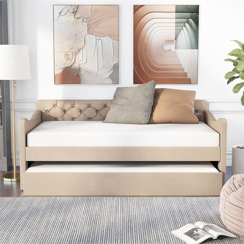 Furniture of America Knolt Fabric Twin Daybed With Trundle in Ivory