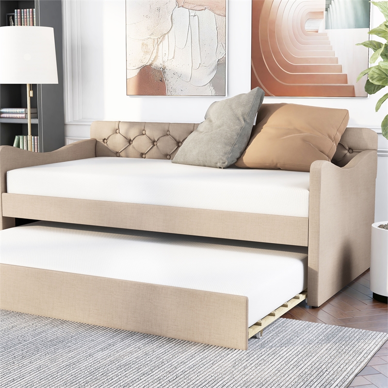 Furniture of America Knolt Fabric Twin Daybed With Trundle in Ivory