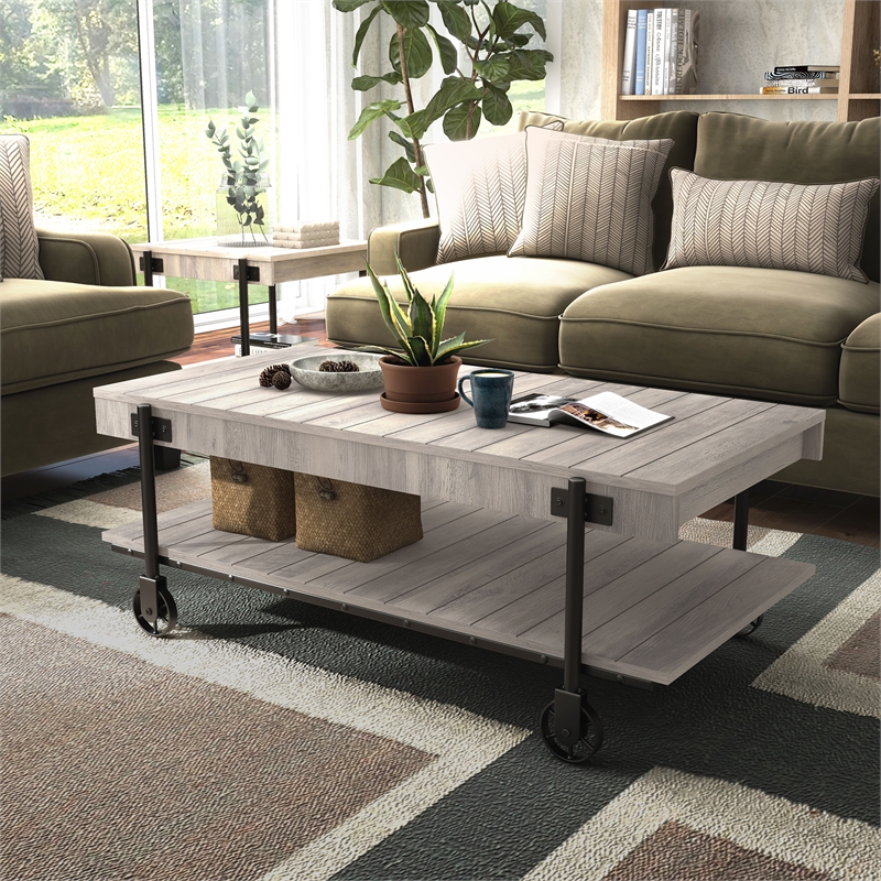Furniture of America Acres Wood Natural Coffee Table with Metal Black Wheels