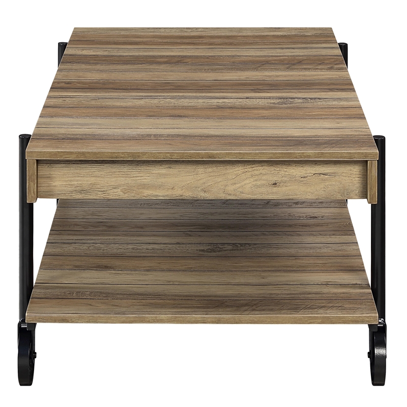 Furniture of America Acres Wood Oak Coffee Table with Metal Black Wheels