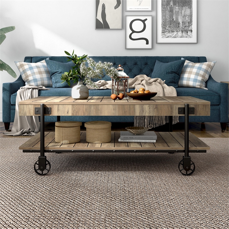 Furniture of America Acres Wood Oak Coffee Table with Metal Black Wheels