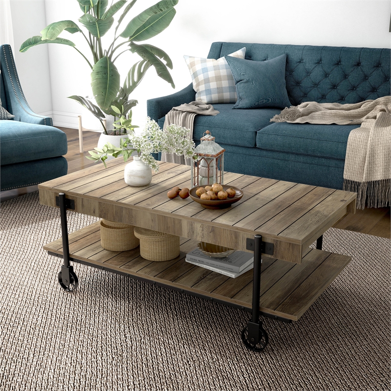 Furniture of America Acres Wood Oak Coffee Table with Metal Black Wheels