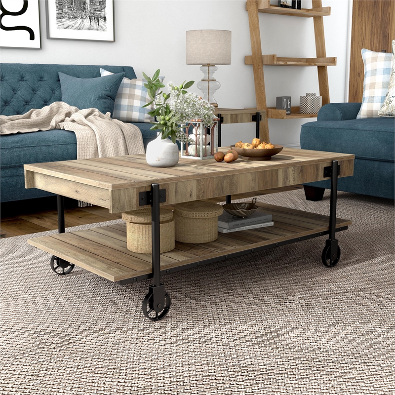 Furniture of America Acres Wood Oak Coffee Table with Metal Black Wheels