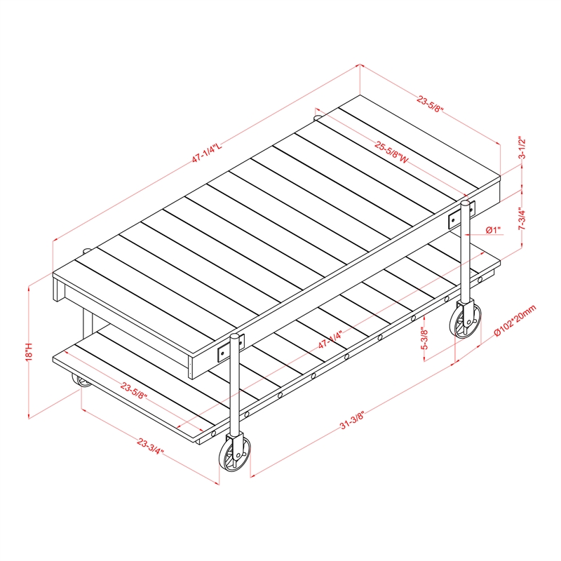 Furniture of America Acres Wood Oak Coffee Table with Metal Black Wheels