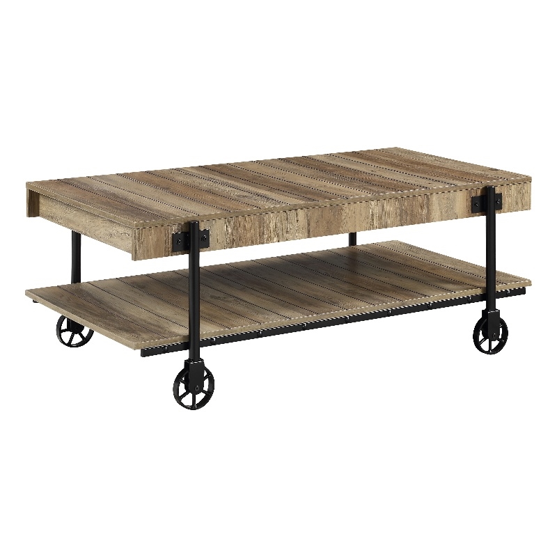 Furniture of America Acres Wood Oak Coffee Table with Metal Black Wheels