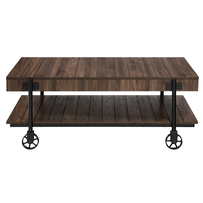 Furniture of America Acres Wood Walnut Coffee Table with Metal Black Wheels