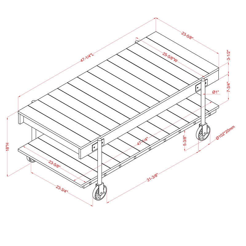 Furniture of America Acres Wood Walnut Coffee Table with Metal Black Wheels