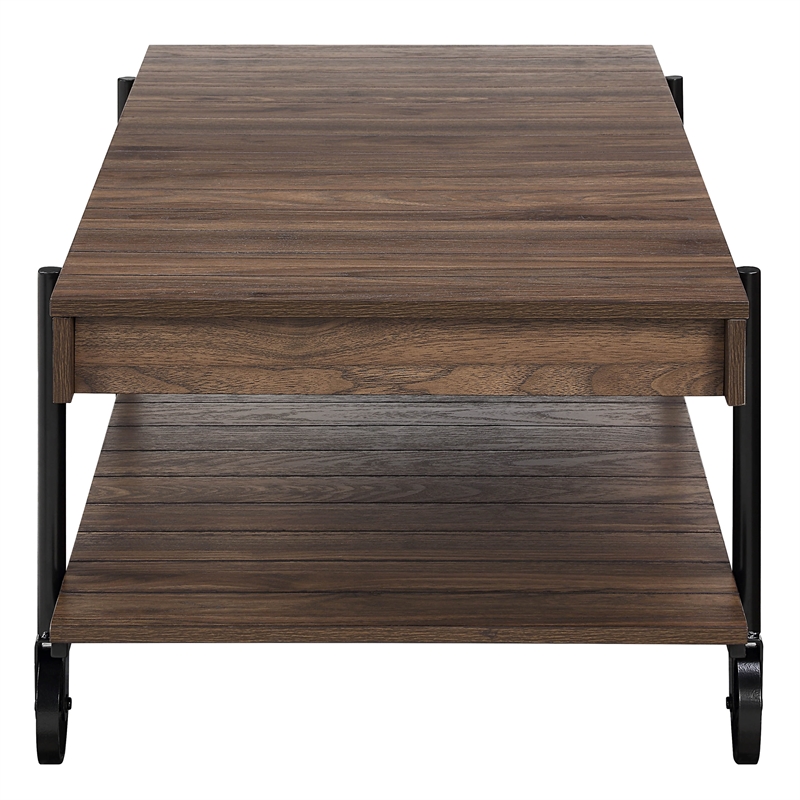 Furniture of America Acres Wood Walnut Coffee Table with Metal Black Wheels