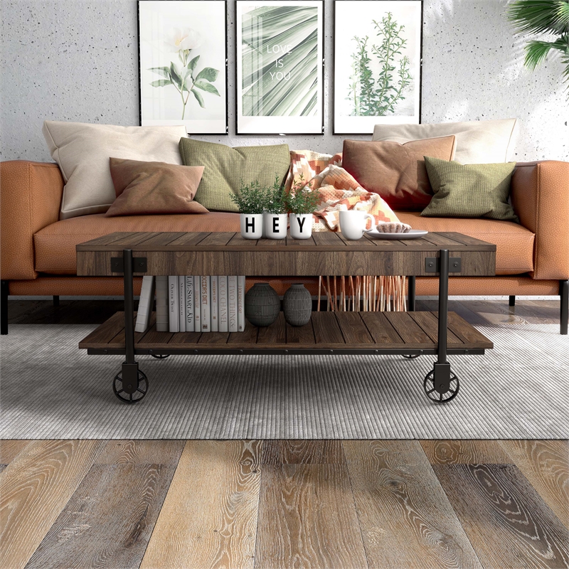 Furniture of America Acres Wood Walnut Coffee Table with Metal Black Wheels