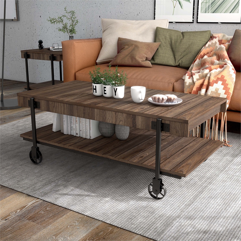 Furniture of America Acres Wood Walnut Coffee Table with Metal Black Wheels