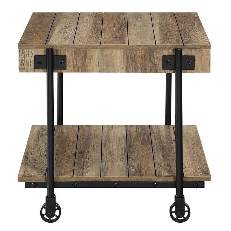 Furniture of America Acres Wood Oak End Table with Metal Black Wheels