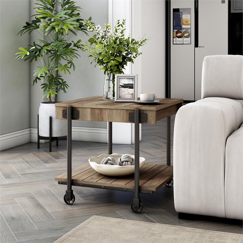 Furniture of America Acres Wood Oak End Table with Metal Black Wheels
