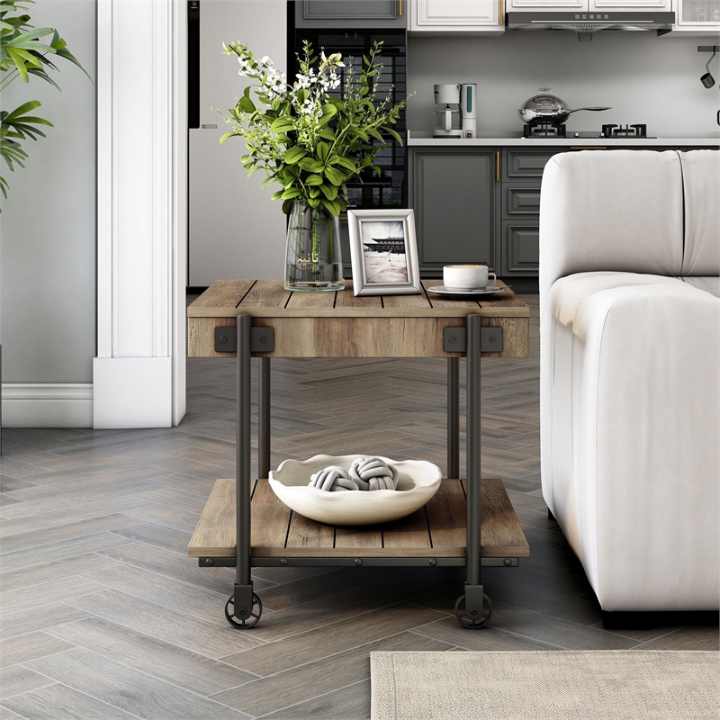 Furniture of America Acres Wood Oak End Table with Metal Black Wheels