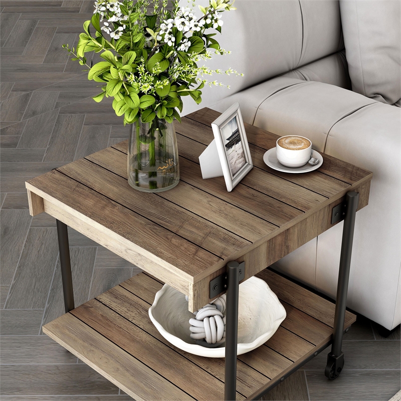 Furniture of America Acres Wood Oak End Table with Metal Black Wheels