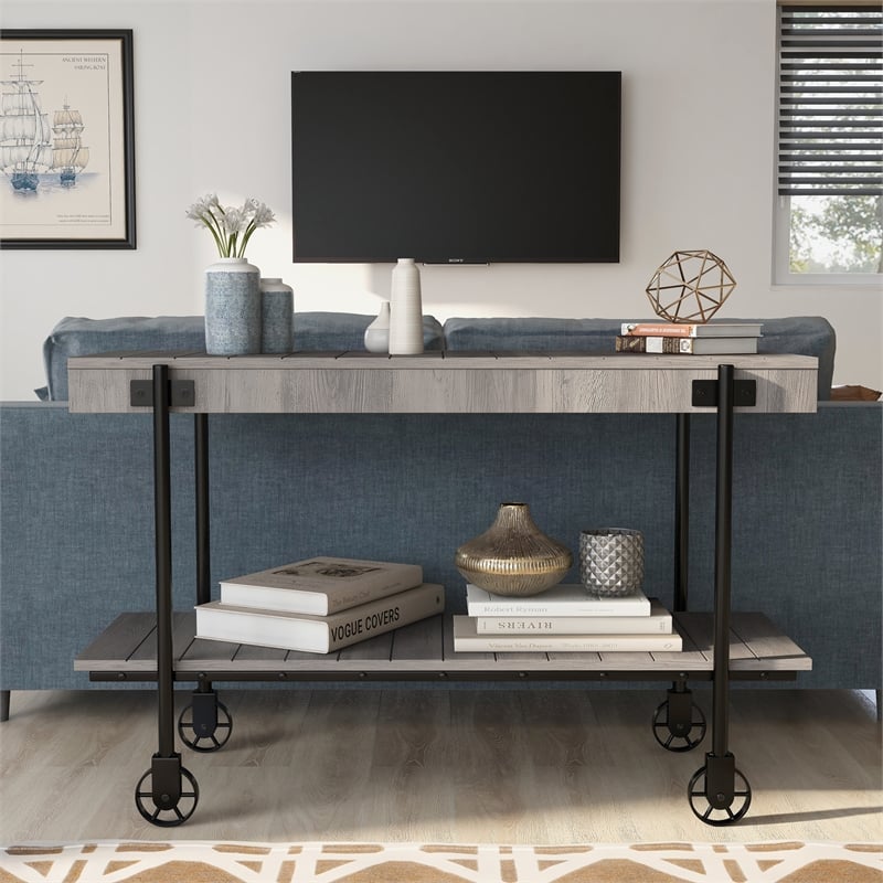 Furniture of America Acres Wood Natural Console Table with Metal Black Wheels