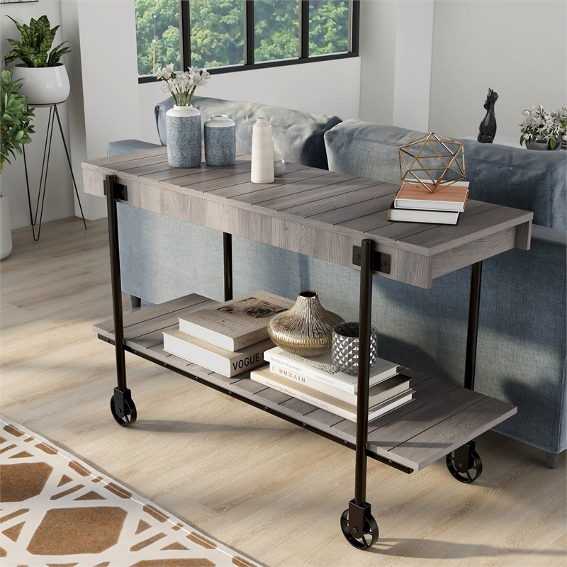 Furniture of America Acres Wood Natural Console Table with Metal Black Wheels