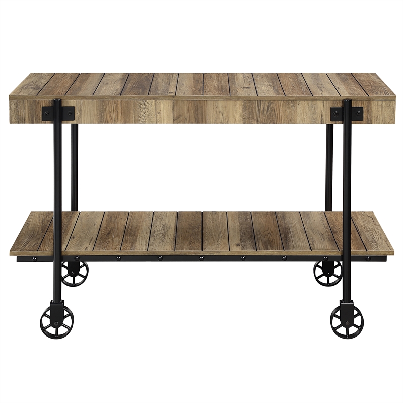 Furniture of America Acres Wood Oak Console Table with Metal Black Wheels
