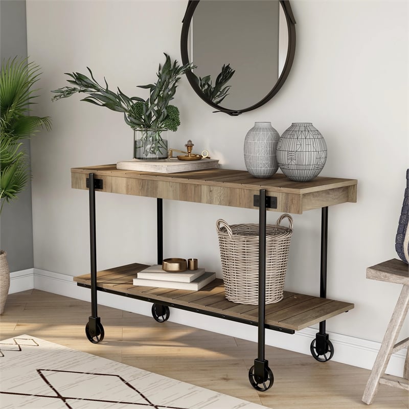 Furniture of America Acres Wood Oak Console Table with Metal Black Wheels