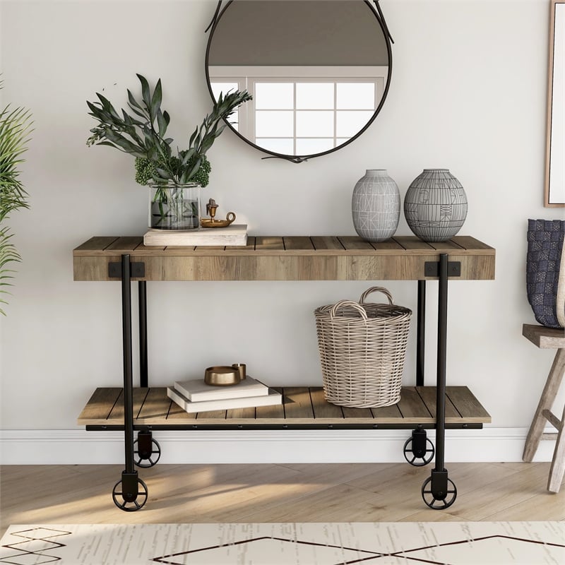 Furniture of America Acres Wood Oak Console Table with Metal Black Wheels