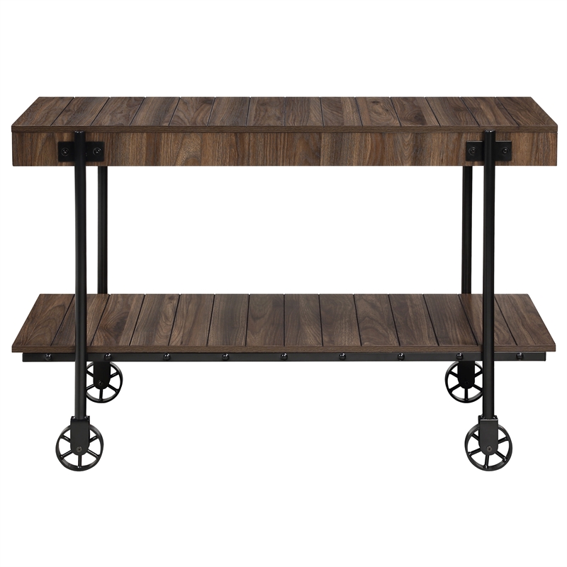 Furniture of America Acres Wood Walnut Console Table with Metal Black Wheels