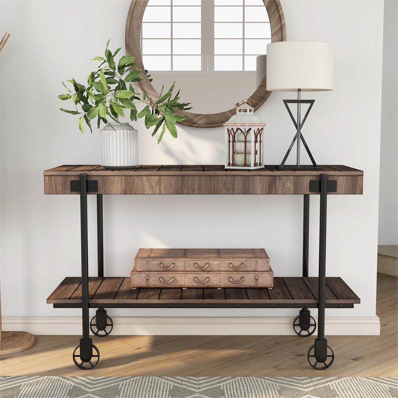 Furniture of America Acres Wood Walnut Console Table with Metal Black Wheels