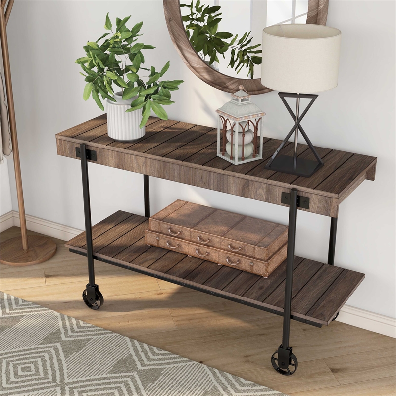 Furniture of America Acres Wood Walnut Console Table with Metal Black Wheels