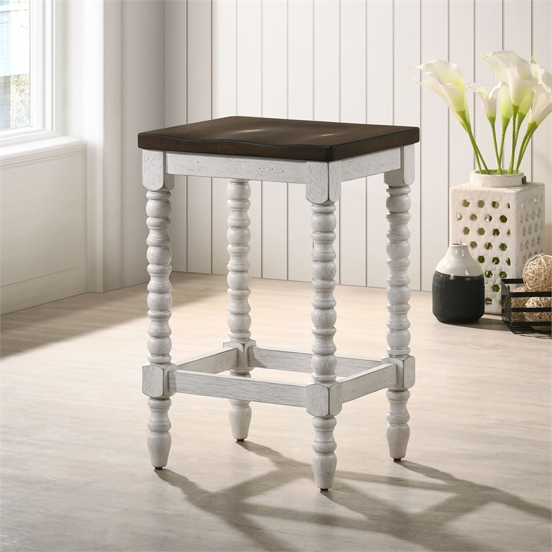 Furniture of America Birch Wood Counter Stools in White and Walnut (Set of 2)