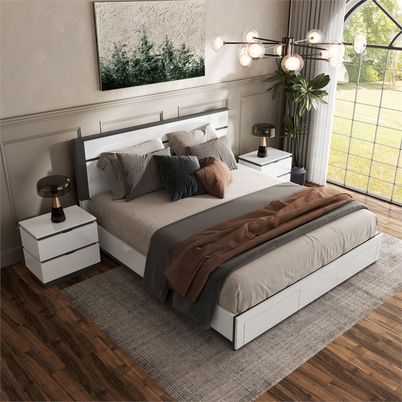 FOA Misti 3-Piece White Wood Storage Bedroom Set - Cal King + 2 Nightstands