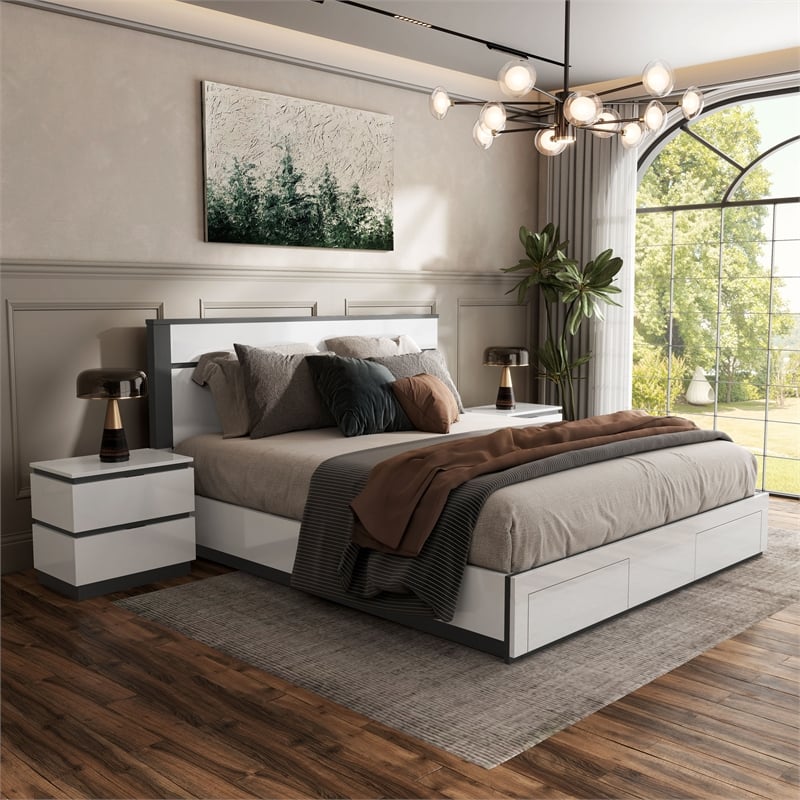 FOA Misti 3-Piece White Wood Storage Bedroom Set - Cal King + 2 Nightstands