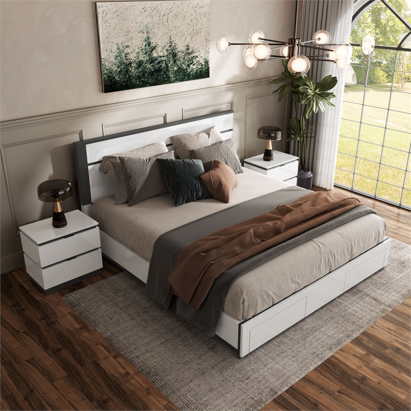 FOA Misti 3-Piece White Wood Storage Bedroom Set - King + 2 Nightstands