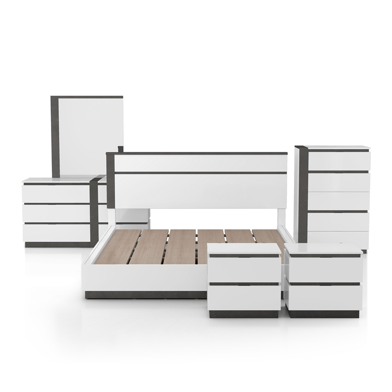 FOA Misti 6pc White Wood Bedroom Set-Cal King+2 Nightstands+Chest+Dresser+Mirror