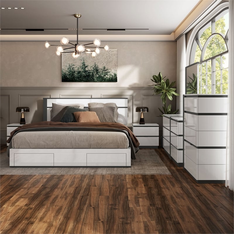 FOA Misti 6pc Wood White Bedroom Set-Queen+2 Nightstands+Chest+Dresser+Mirror