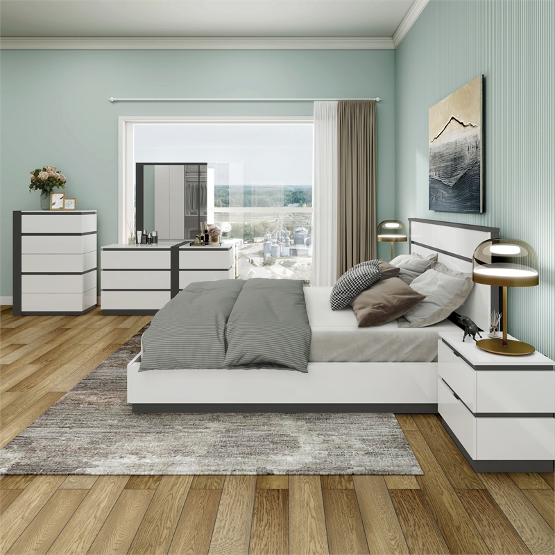 FOA Misti 6pc White Wood Bedroom Set-King+2 Nightstands+Chest+Dresser+Mirror