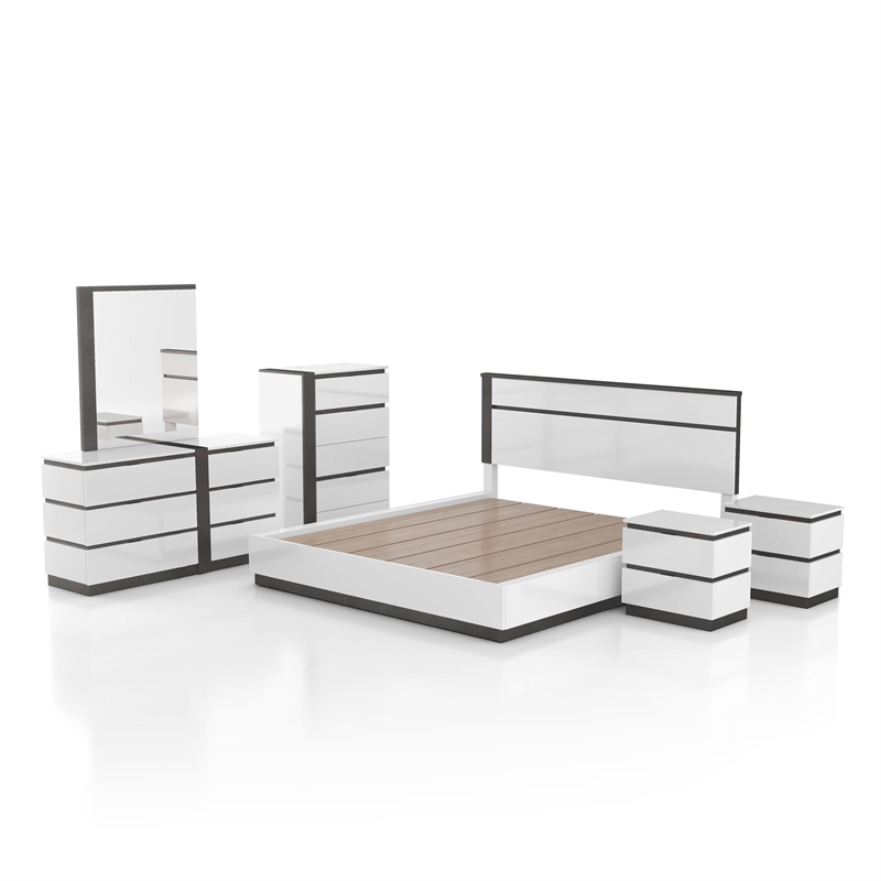 FOA Misti 6pc White Wood Bedroom Set-Queen+2 Nightstands+Chest+Dresser+Mirror