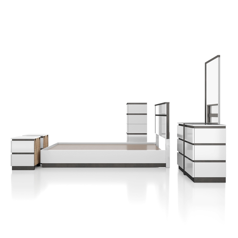 FOA Misti 6pc White Wood Bedroom Set-Queen+2 Nightstands+Chest+Dresser+Mirror