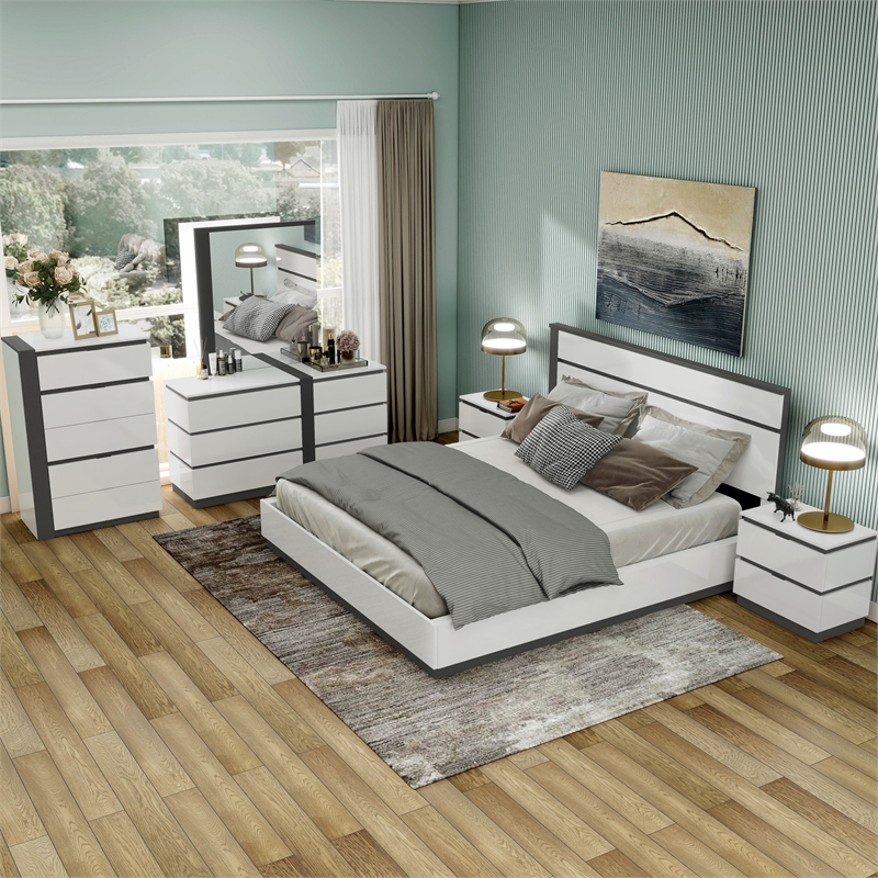 FOA Misti 6pc White Wood Bedroom Set-Queen+2 Nightstands+Chest+Dresser+Mirror