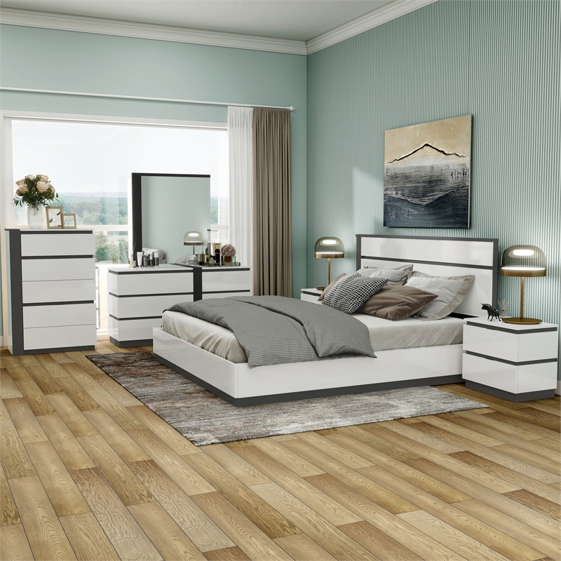 FOA Misti 6pc White Wood Bedroom Set-Queen+2 Nightstands+Chest+Dresser+Mirror