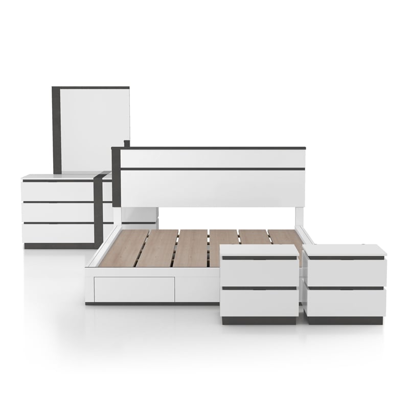 FOA Misti 5pc Wood White Storage Bed Set - Queen+2 Nightstands+Dresser+Mirror