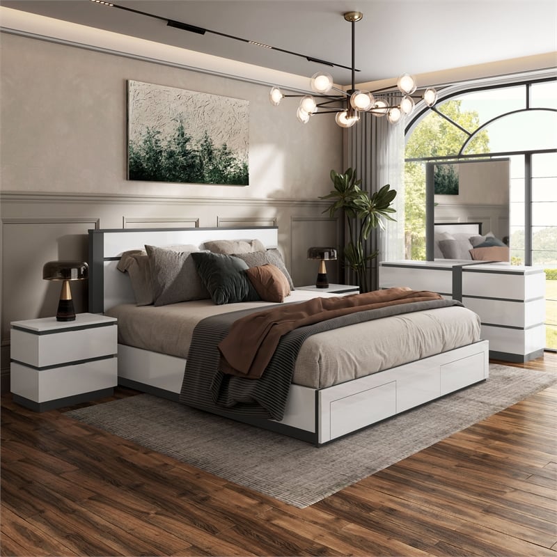 FOA Misti 5pc Wood White Storage Bed Set - Queen+2 Nightstands+Dresser+Mirror