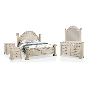 FOA Charo 5pc White Wood Bedroom Set-King + 2 Nightstands + Dresser + Mirror