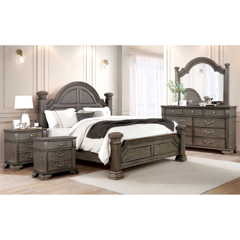 FOA Charo 5pc Gray Wood Bedroom Set-Queen + 2 Nightstands + Dresser + Mirror