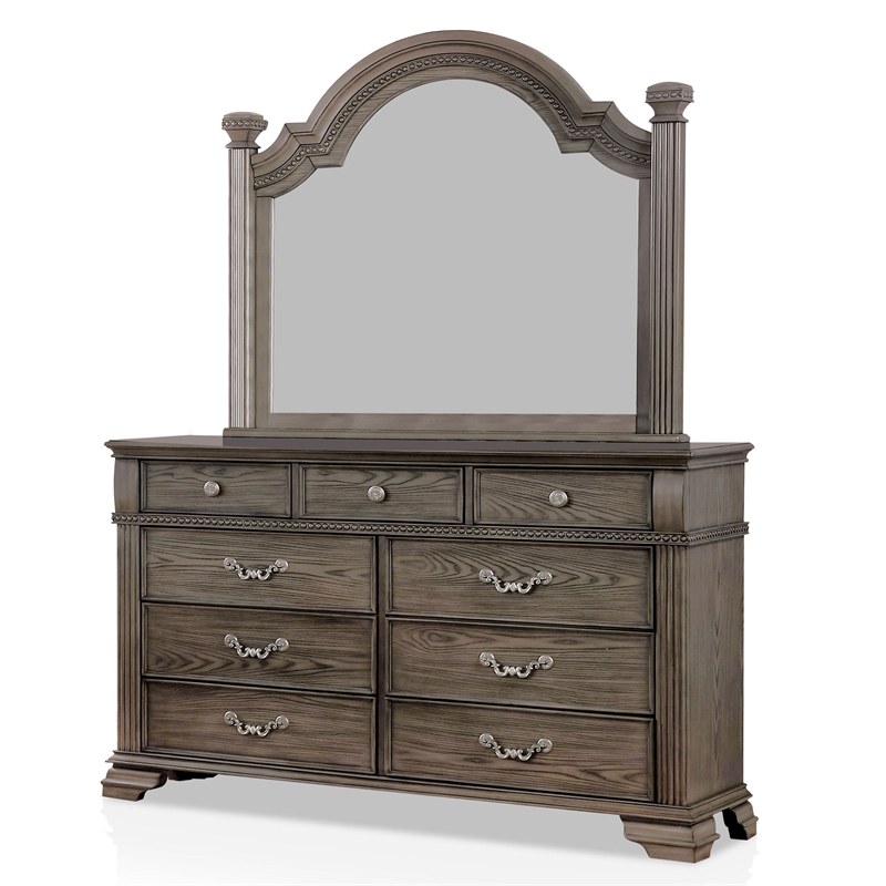 FOA Charo 5pc Gray Wood Bedroom Set-Queen + 2 Nightstands + Dresser + Mirror