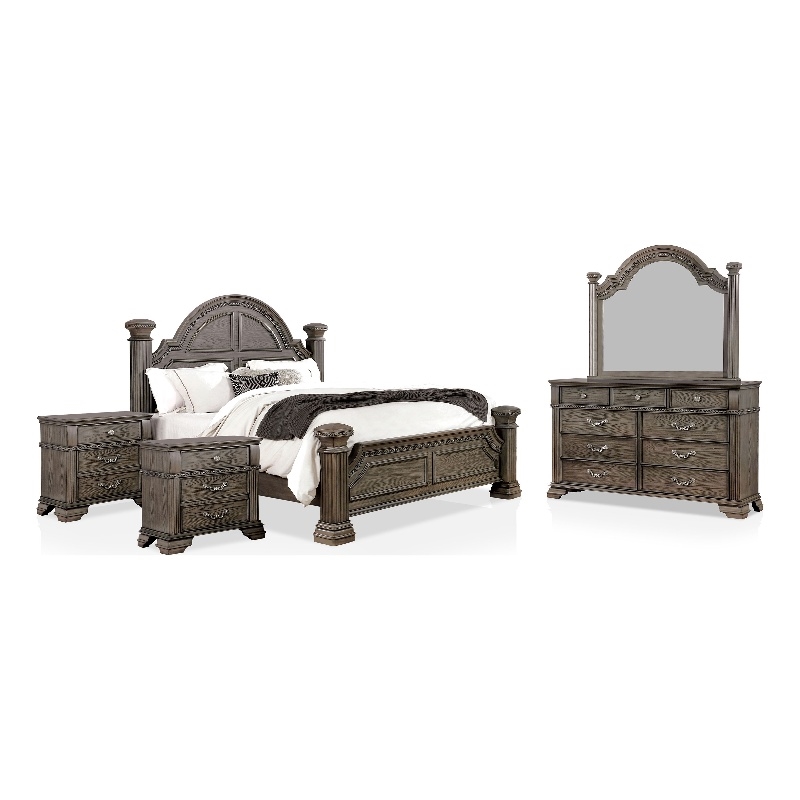 FOA Charo 5pc Gray Wood Bedroom Set-Queen + 2 Nightstands + Dresser + Mirror