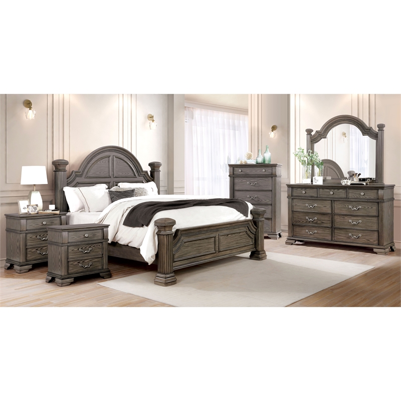 FOA Charo 6pc Gray Wood Bedroom Set-King+2 Nightstands+Chest+Dresser+Mirror