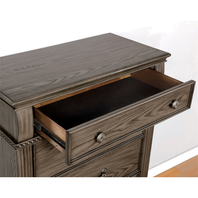 FOA Charo 6pc Gray Wood Bedroom Set-King+2 Nightstands+Chest+Dresser+Mirror