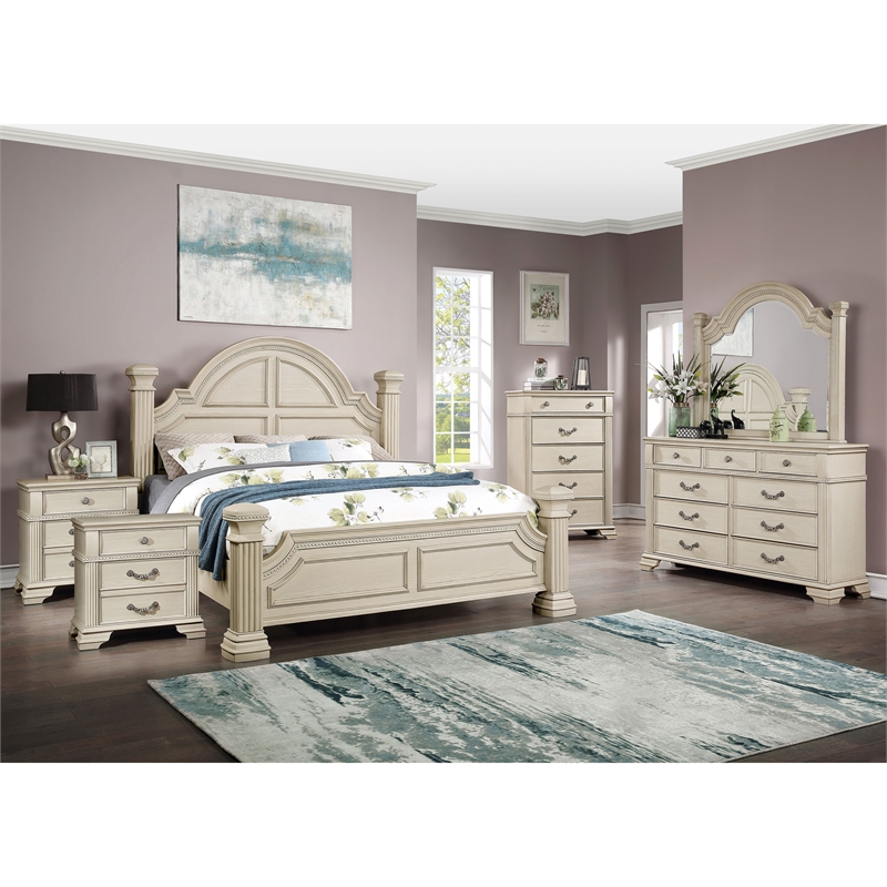 FOA Charo 6pc White Wood Bedroom Set-King+2 Nightstands+Chest+Dresser+Mirror