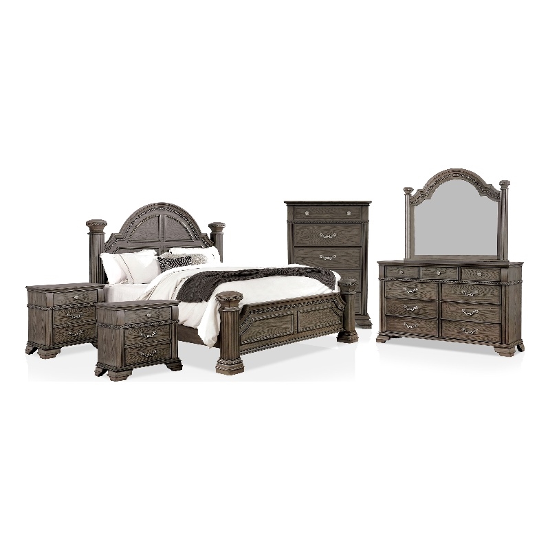 FOA Charo 6pc Gray Wood Bedroom Set-Queen+2 Nightstands+Chest+Dresser+Mirror