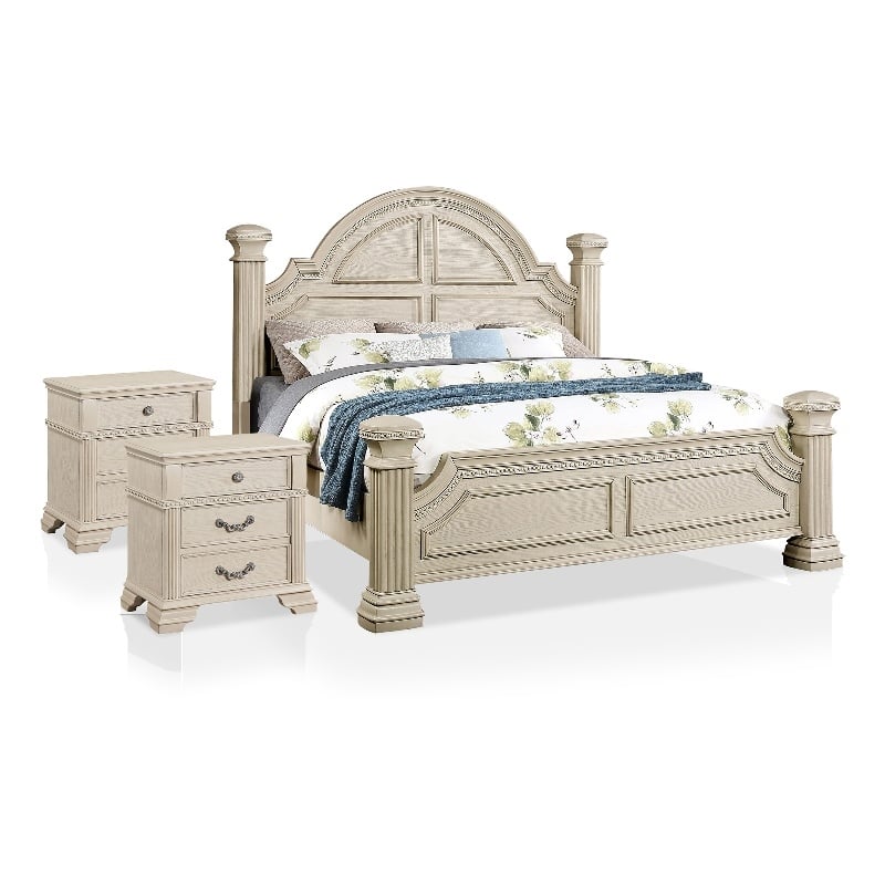Furniture of America Charo 3pc White Wood Bedroom Set-King + 2 Nightstands