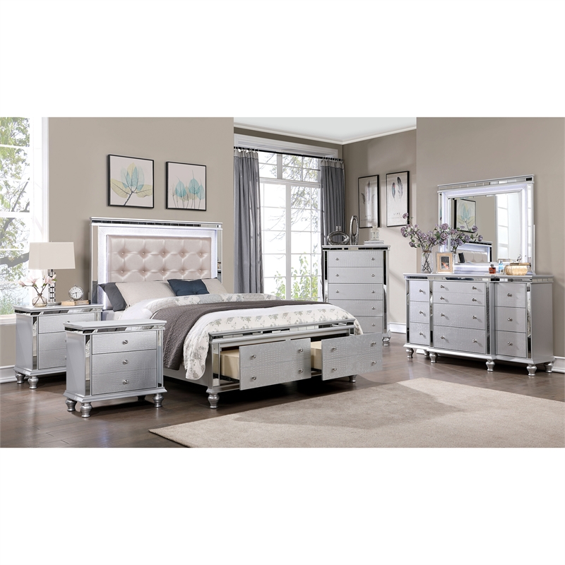 FOA Pimma 6pc Silver Wood Bed Set - Cal King+2 Nightstands+Chest+Dresser+Mirror