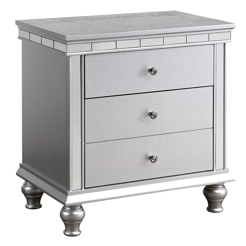 FOA Pimma 6pc Silver Wood Bed Set - Cal King+2 Nightstands+Chest+Dresser+Mirror